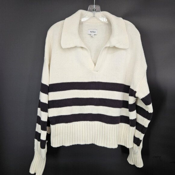 pistola Sweaters - Pistola Sweater Womens XL Midnight Cream Stripe Collared Knit Pullover Academia